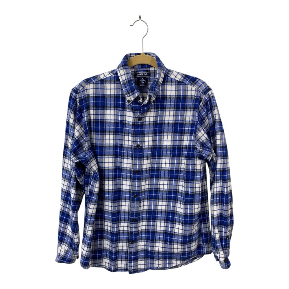 Lands End Blue Plaid Flannel Shirt Men's Sz M 15-15.5 Traditional Fit